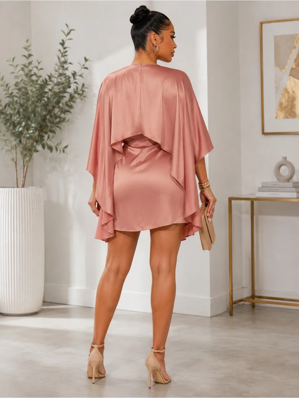 Fashion Nova Anabelle Mauve Satin Cape Mini Dress – Size Large - Picture 3 of 6